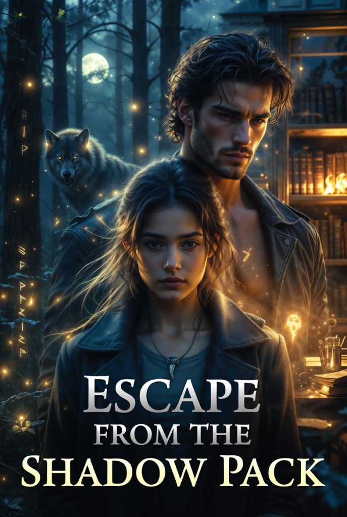 Cover of "Escape from the Shadow Pack," featuring dark, mysterious imagery and a silhouette of a wolf.