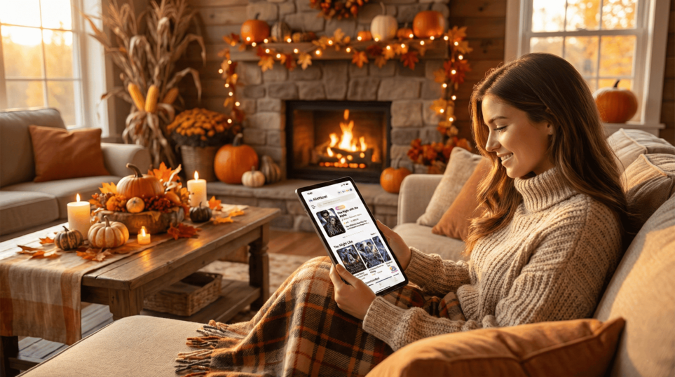A woman sits in a cozy living room, using a tablet with a pumpkin on the table beside her.
